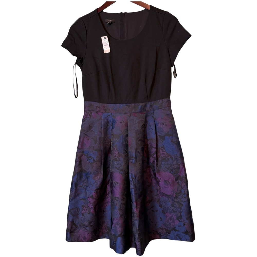 NWT Talbots Womens 4P Short Sleeve Dress Purple Blue Floral Brocade Pockets Midi